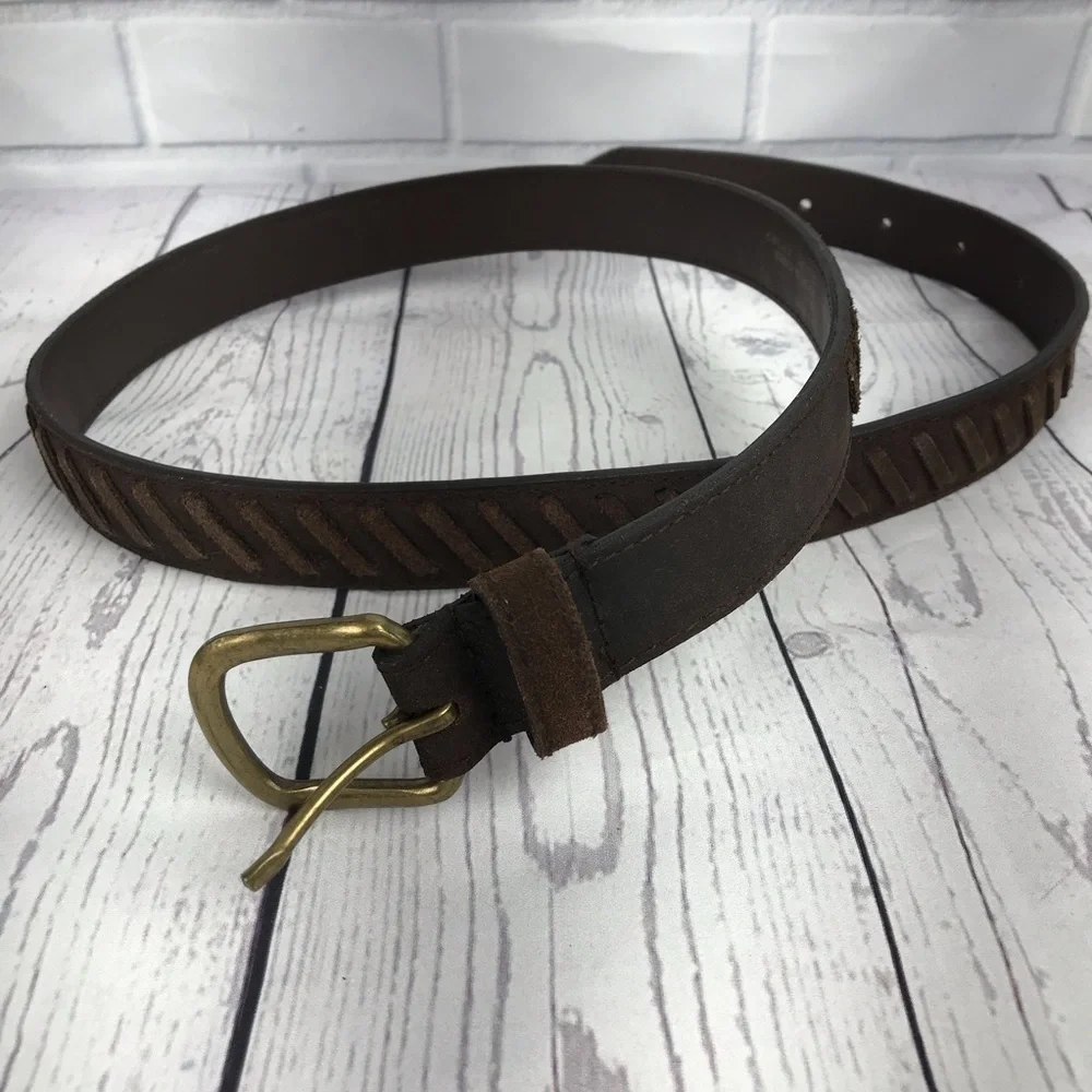 Chocolate brown suede whipstitch belt XL brass bkl